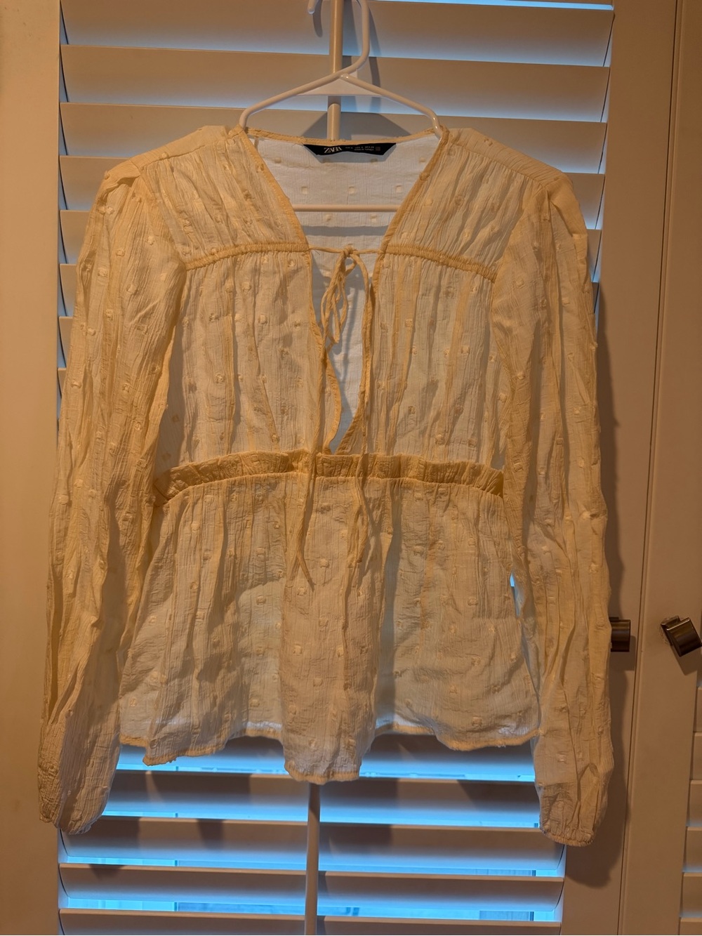 Zara Cream Swiss Dot Tiered Tie-Front Peasant Blouse S